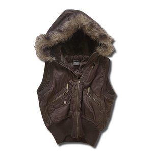 Y2K Brown Lightweight Vest with Fur Hood